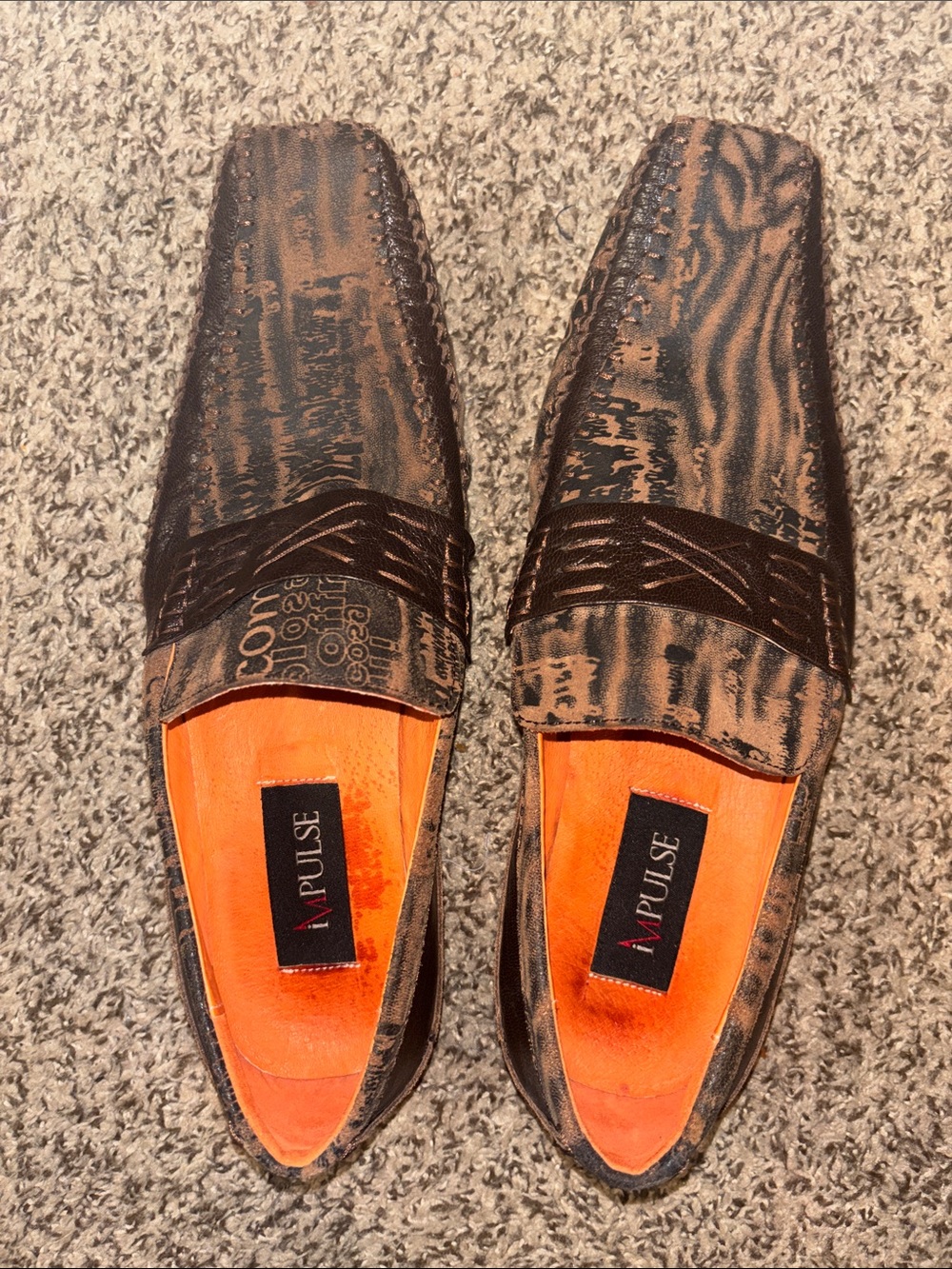Impulse Men's Brown Distressed Slip-On Loafers with Orange Insole Size 9.5